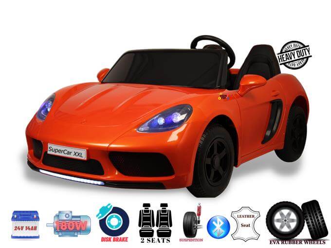 The Orange 24V XXL SuperSport Big Kids Ride On Car features a bright orange exterior with black seats and headlights, powered by a 180W brushless motor. It includes disc brakes, leather seating, and real air-filled tires, with feature icons displayed beneath the car.