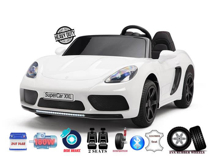 The White 24V XXL SuperSport Big Kids Ride On Car from KIDSVIP features a sleek sports design, black wheels, heavy-duty specs like a 180W brushless motor, disk brake, dual leather seats, suspension, and EVA rubber wheels for the ultimate ride.