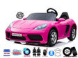 Presenting the Pink XXL SuperSport Big Kids 2 Seater Ride On Car with a sporty design. It features black accents, heavy-duty real EVA rubber wheels, a 24V 180W Brushless Motor, disk brake, suspension, leather seats, and two seats. Labels highlight these features at the bottom.