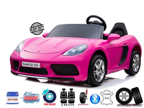 Presenting the Pink XXL SuperSport Big Kids 2 Seater Ride On Car with a sporty design. It features black accents, heavy-duty real EVA rubber wheels, a 24V 180W Brushless Motor, disk brake, suspension, leather seats, and two seats. Labels highlight these features at the bottom.