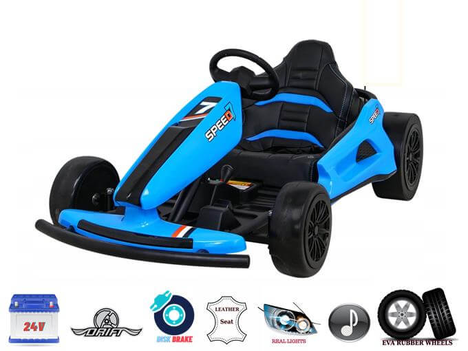 The Blue Big Kids 24 Volt Ultra-Violent Complete Edition Drifting Go-Kart features a leather seat, high-speed drifting, disk brakes, rear lights, music system, and durable EVA rubber wheels. Its sleek blue and black body proudly displays the word Speed.