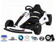 Presenting the Big Kids 24 Volt Ultra-Violent Complete Edition Drifting Go-Kart: a stylish white kart with black accents labeled SPEED, featuring a leather seat, disk brakes, rear lights, EVA rubber wheels, and a robust 24V battery. Icons highlight drifting skill and music features.