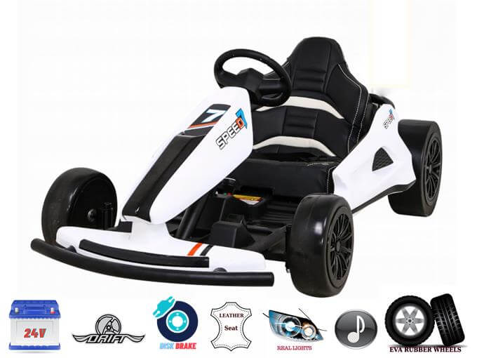 Presenting the Big Kids 24 Volt Ultra-Violent Complete Edition Drifting Go-Kart: a stylish white kart with black accents labeled SPEED, featuring a leather seat, disk brakes, rear lights, EVA rubber wheels, and a robust 24V battery. Icons highlight drifting skill and music features.