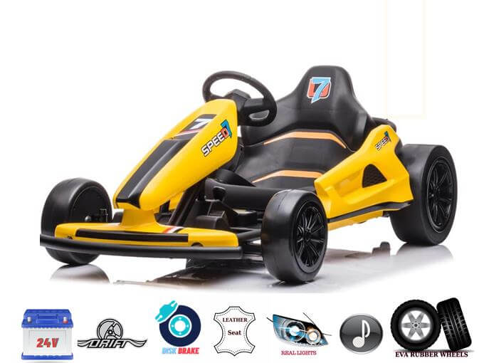 The Yellow 24V Ultra-Violent Big Kids Complete Edition Drifting Go-Kart features a black leather seat, SPEED and T1 labeling, EVA-rubber wheels, disk brake, rear lights, a 24V battery for high-speed drifting fun, and music capabilities with icons below.