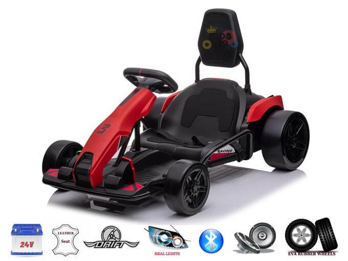 Introducing the Big Kids Powerful 24V Speedster Drifting Go-Kart: a red and black electric marvel featuring EVA rubber wheels, a high-backed seat, real lights, and Bluetooth connectivity for an enhanced ride experience. Feature icons are displayed below for easy reference.