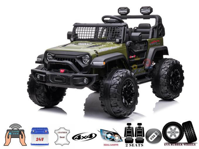 The Green 24V/4WD Xtreme Ride On Truck features a Jeep style with dark green color, off-road tires, headlights, roll bars, EVA wheels, leather seats, wireless control and 4x4 capability for true off-road adventure.