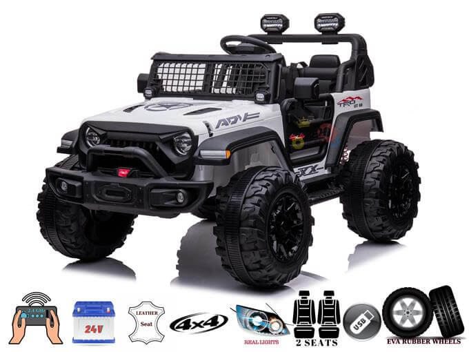The White 24V/4WD Xtreme Ride on Truck boasts EVA wheels, leather seats, LED lights, a USB port, and rear lights. This electric car has an iconic 2-seater design with off-road capabilities.