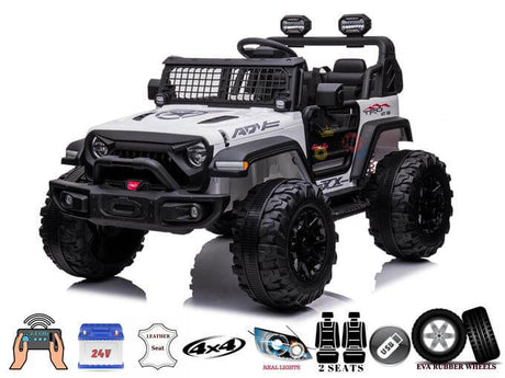 The White 24V/4WD Xtreme Ride on Truck boasts EVA wheels, leather seats, LED lights, a USB port, and rear lights. This electric car has an iconic 2-seater design with off-road capabilities.