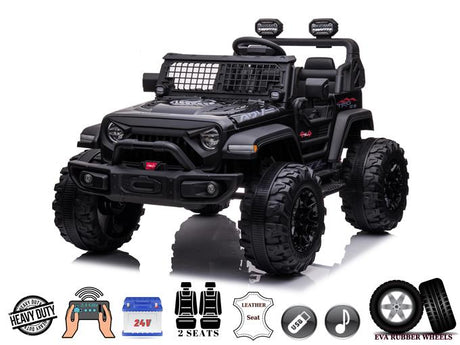 The Black 24V/2WD Xtreme Edition Ride on Truck features large EVA rubber wheels, roll bar lights, a luxurious 2-seater leather seat, remote control, USB connectivity, and a powerful battery. Icons are displayed at the bottom.