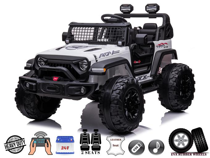 The White 24V/2WD Xtreme Edition Ride-on Truck boasts an off-road design with EVA wheels, a leather seat, steering wheel, USB connectivity, and sleek black and silver icons highlighting its heavy-duty build.