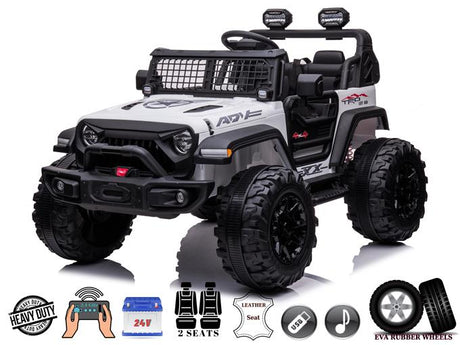 The White 24V/2WD Xtreme Edition Ride-on Truck boasts an off-road design with EVA wheels, a leather seat, steering wheel, USB connectivity, and sleek black and silver icons highlighting its heavy-duty build.