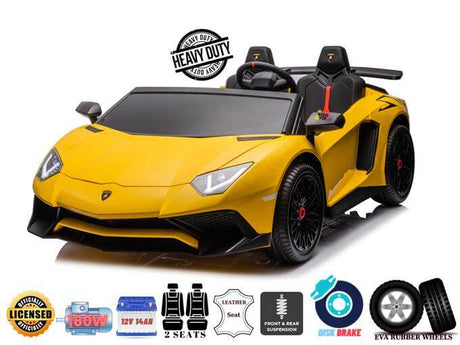 The Yellow 24V/180W Lamborghini SV Limited XXL Edition is a ride-on toy car with eco-leather seats, black wheels, side mirrors, front and rear suspension, EVA rubber wheels, and reaches speeds up to 10MPH.