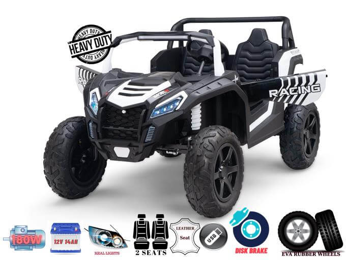 Experience the White 24V/180W XXL Big Kids Blade XR Ride on Buggy. This rugged ride features black and white design, LED headlights, leather seats, inflatable rubber tires, a USB port, disk brakes, and a 12V battery for ultimate adventure on four wheels.