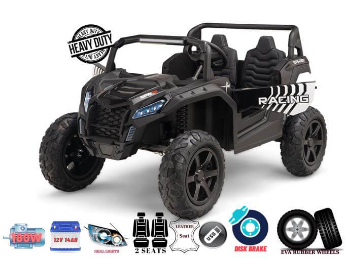 The Black 24V/180W XXL Big Kids Blade XR Ride on Buggy features a rugged design, two ECO leather seats, large inflatable rubber tires with EVA wheels, and a Racing decal. Its icons showcase features like a 12V 14Ah battery, rear lights, USB port, and disk brake.