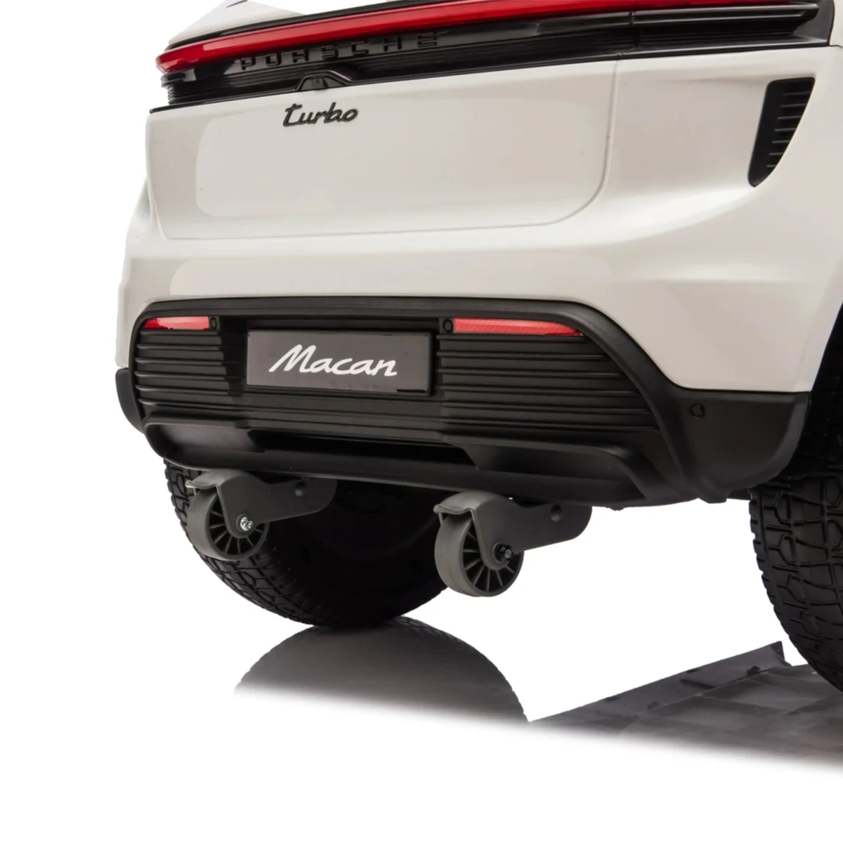 White 24V Porsche Macan Turbo EV Ride-On SUV with EVA Tires, LED Lights, Music, Remote