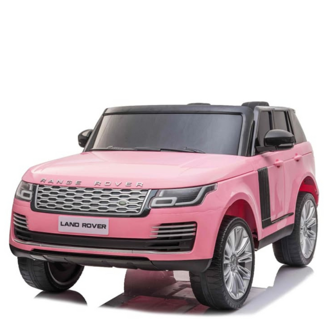 The Pink 24V Official Range Rover Complete MP4 Edition Kids Ride On Car with RC features large wheels, realistic headlights, and side mirrors against a white backdrop.