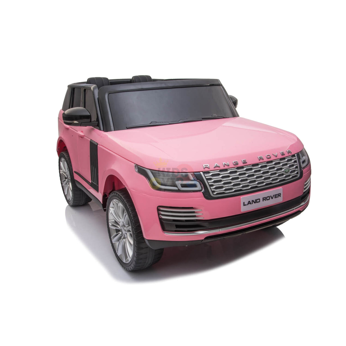 The Pink 24V Official Range Rover Complete MP4 Edition Kids Ride On Car features realistic headlights, the iconic logo, and shiny silver wheels. Its showcased with detailed front features from a front angle on a white background.