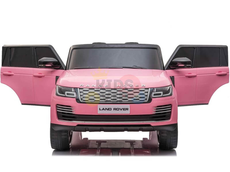 A Pink 24V Official Range Rover MP4 Edition Kids Ride On Car with RC is showcased against a white background, featuring open front doors, detailed grille and headlights, and a visible logo.
