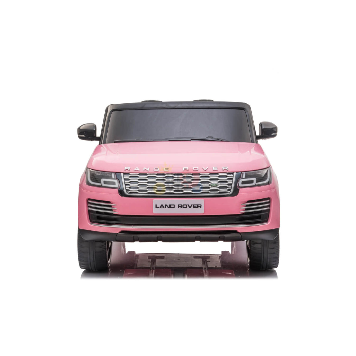 A pink 24V Official Range Rover Complete MP4 Edition Kids Ride On Car with RC is shown from the front, highlighting its detailed grille, headlights, and Land Rover branding on a white background.
