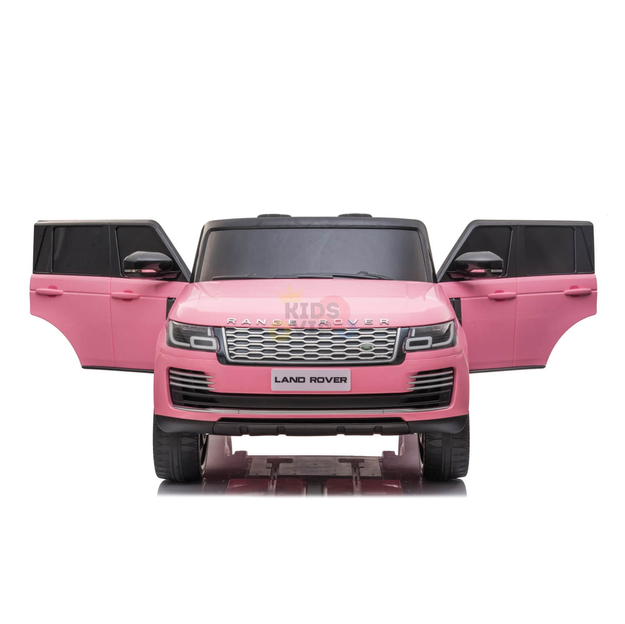 The Pink 24V Official Range Rover Complete MP4 Edition Kids Ride On Car with RC has a detailed front grille, LAND ROVER logo on the plate area, and both front doors open, making it perfect for children dreaming of driving their own stylish Range Rover.