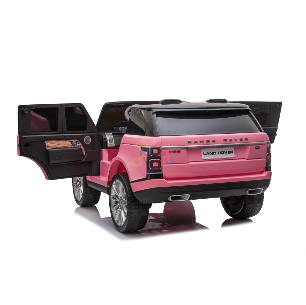 The Pink 24V Official Range Rover Complete MP4 Edition Kids Ride On Car with RC resembles a real Range Rover, featuring realistic side mirrors, a small windshield, and opening front doors for kids to enjoy its stylish interior.