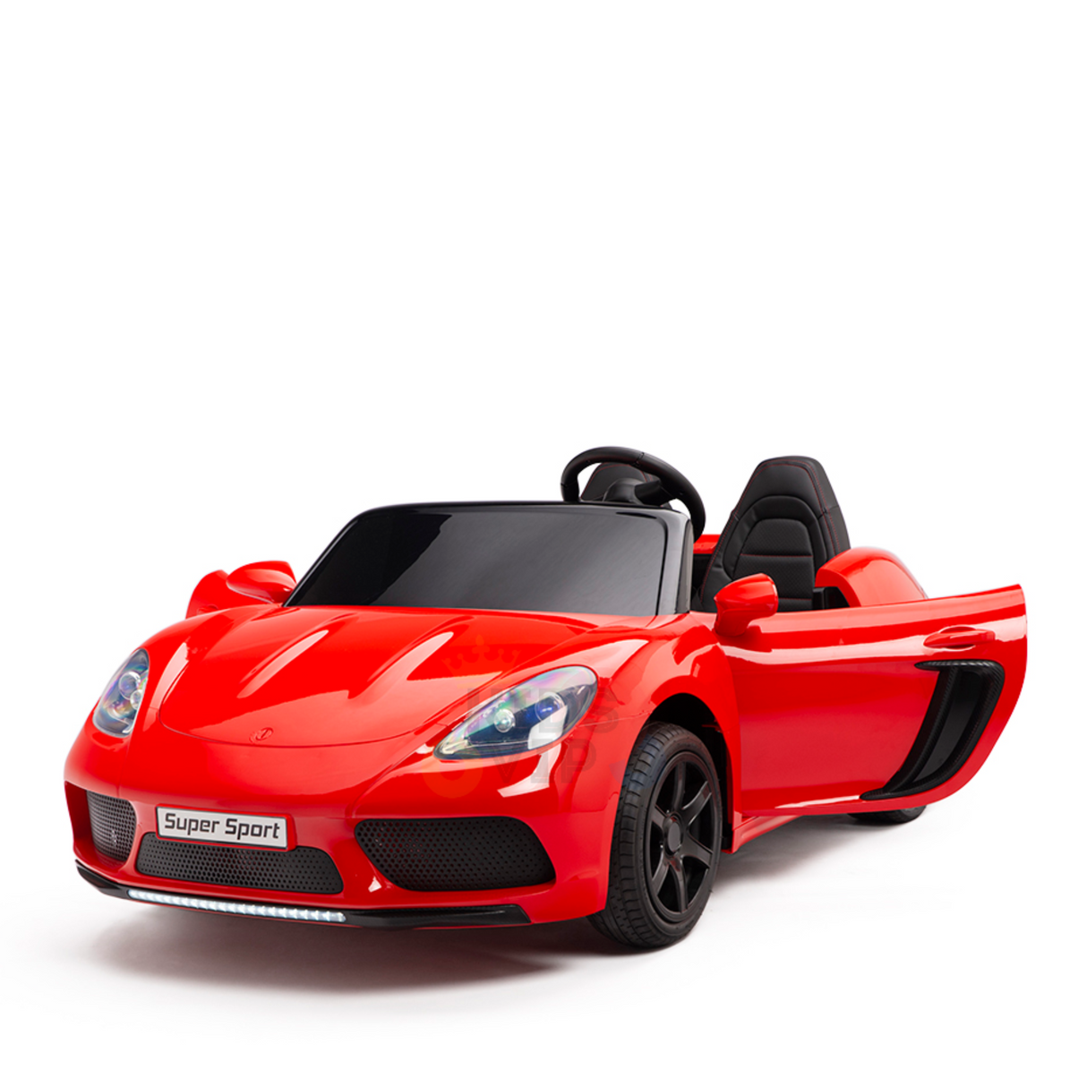 A red 24V XXL SuperSport Big Kids Ride On Car, featuring sleek curves, black detailing, a steering wheel, and an open drivers side door. The front license plate reads Super Sport, powered by a 180W brushless motor with real tires for thrilling rides.