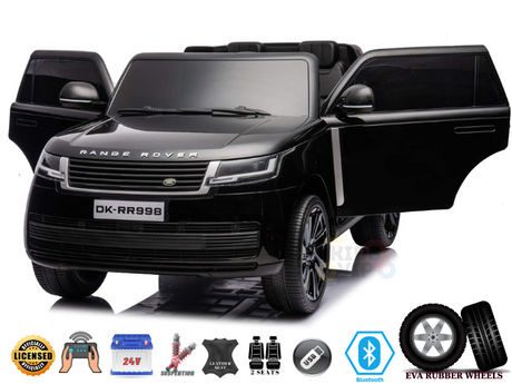 The Black 24V Kids Range Rover ride-on SUV offers a licensed design, dual seats, openable doors, USB/Bluetooth capability, EVA rubber wheels, remote control for parental guidance, and a suspension system.
