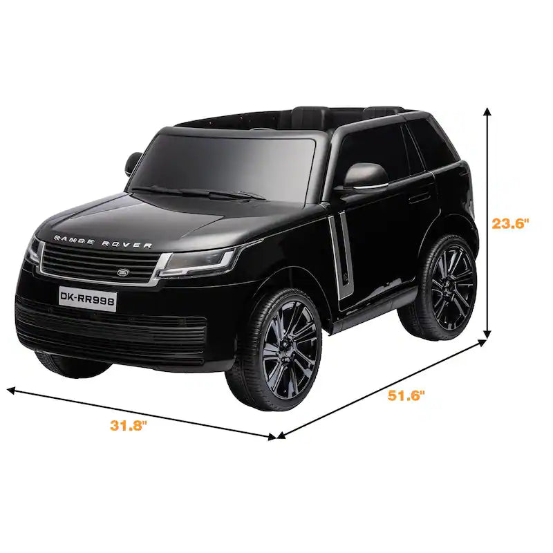 This black 24V kids ride-on Range Rover SUV features a realistic front grille and wheels, measuring 23.6 tall, 51.6 long, and 31.8 wide—ideal for little adventurers who love luxury vehicles, and includes premium features with parental control.