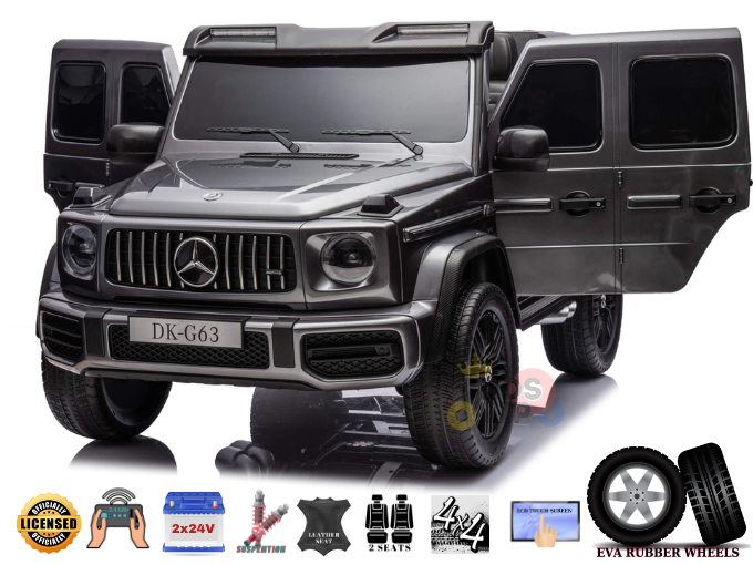 The Grey Metallic Mercedes G63 XXL Kids Ride-On Truck, Platinum Edition, features remote control access, EVA tires, a 24V/4WD drive system, leather seating for two, and licensed branding. It offers an authentic feel with openable doors and MP4 capability.