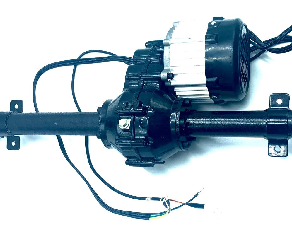 The Rear Axle and Motor Assembly for 24v/180w XXL Super Ride features components, a cylindrical shaft, and colored wires. The black motor housing with a silver top is ideal for integrating into ride-on car axles, ensuring smooth and efficient power delivery.