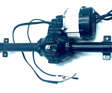 The Rear Axle and Motor Assembly for 24v/180w XXL Super Ride features components, a cylindrical shaft, and colored wires. The black motor housing with a silver top is ideal for integrating into ride-on car axles, ensuring smooth and efficient power delivery.