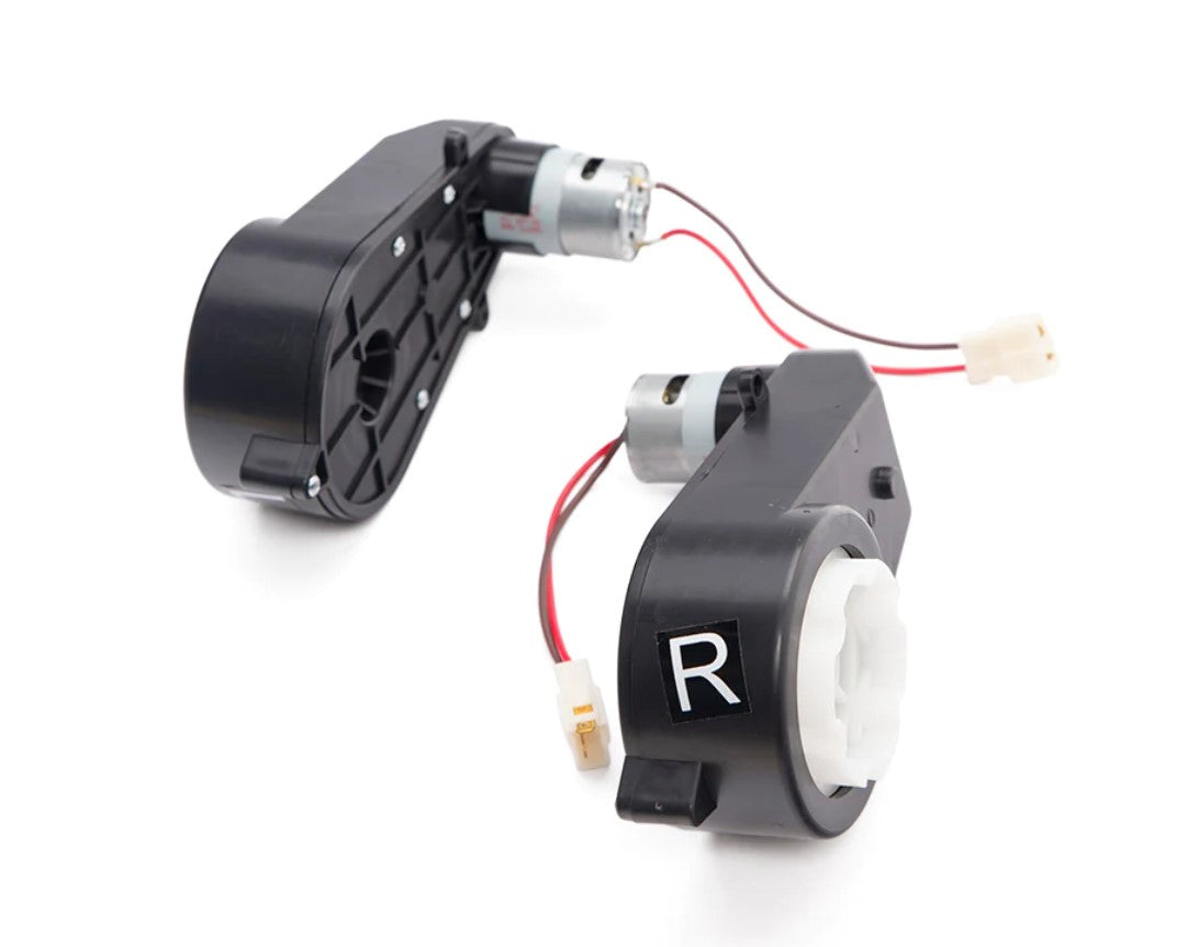 The image displays a pair of black electric ride-on car motors with red and black wires. One motor has a white R label, with white gear housing and small electrical connectors, designed for enhanced performance in the 12V Lexus Set of Front Motors.