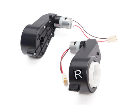 The image displays a pair of black electric ride-on car motors with red and black wires. One motor has a white R label, with white gear housing and small electrical connectors, designed for enhanced performance in the 12V Lexus Set of Front Motors.