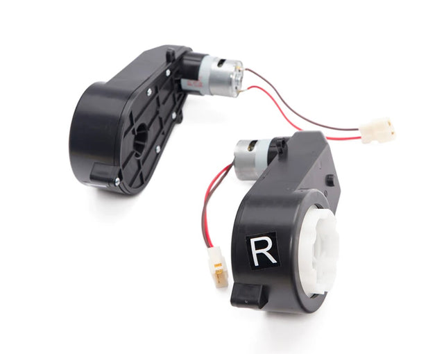 The image displays a pair of black electric ride-on car motors with red and black wires. One motor has a white R label, with white gear housing and small electrical connectors, designed for enhanced performance in the 12V Lexus Set of Front Motors.
