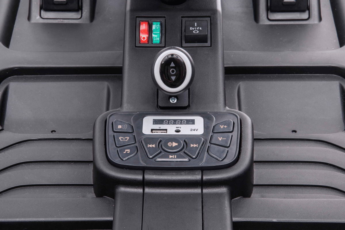 The control panel, reminiscent of the Grey Big Kids 24V Ultra-Violent Complete Edition Drifting Go-Kart, displays a Dirt switch on the right, red and green buttons, a digital screen reading 88.8, with additional playback and volume controls below.