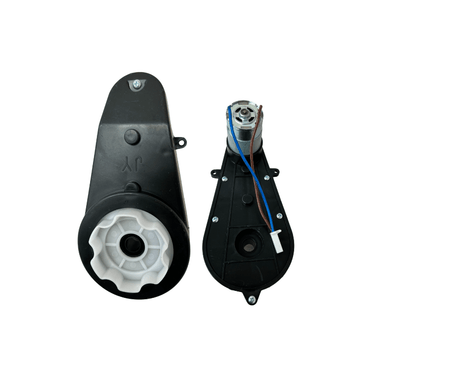 A 24V Can-Am Maverick steering motor, consisting of black plastic housing, a silver metal gear, and blue wiring.