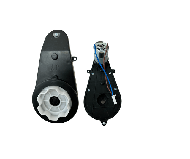 A 24V Can-Am Maverick steering motor, consisting of black plastic housing, a silver metal gear, and blue wiring.