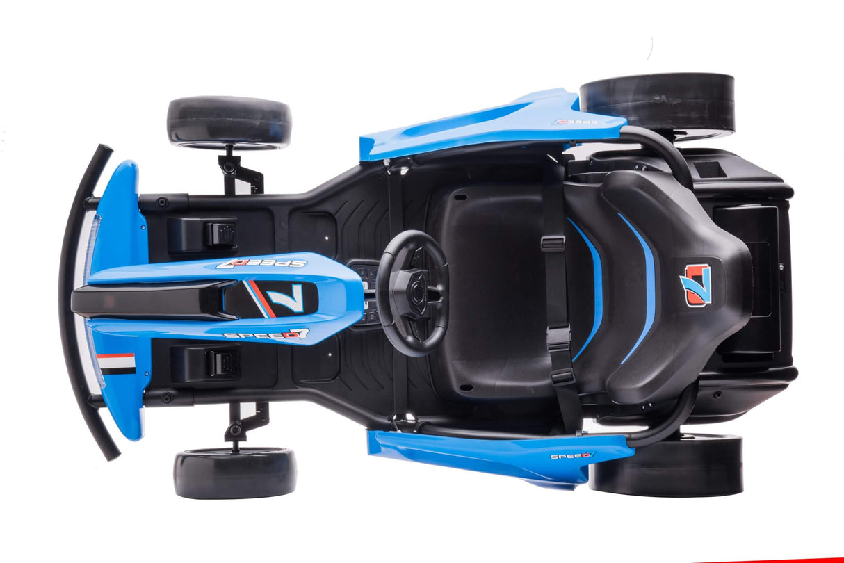 The Blue Big Kids 24 Volt Ultra-Violent Complete Edition Drifting Go-Kart in black and blue features logos, racing decals, a racing seat, steering wheel, and EVA-rubber wheels for high-speed drifting performance.
