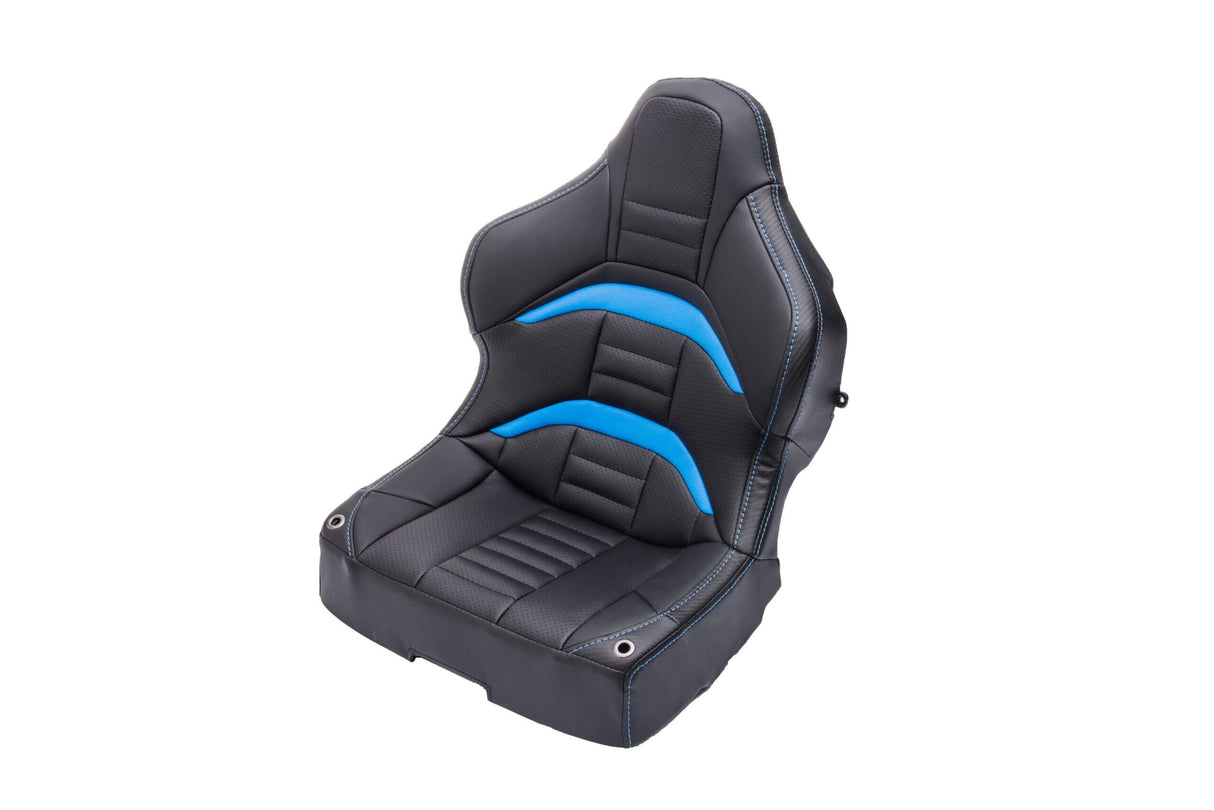 The Blue Big Kids 24 Volt Ultra-Violent Complete Edition Drifting Go-Kart features a black racing car seat with blue accents and stitching, perfect for high-speed drifting. Its bucket design includes ergonomic contours and perforation details, ideal for your drifting adventures on EVA-rubber wheels.