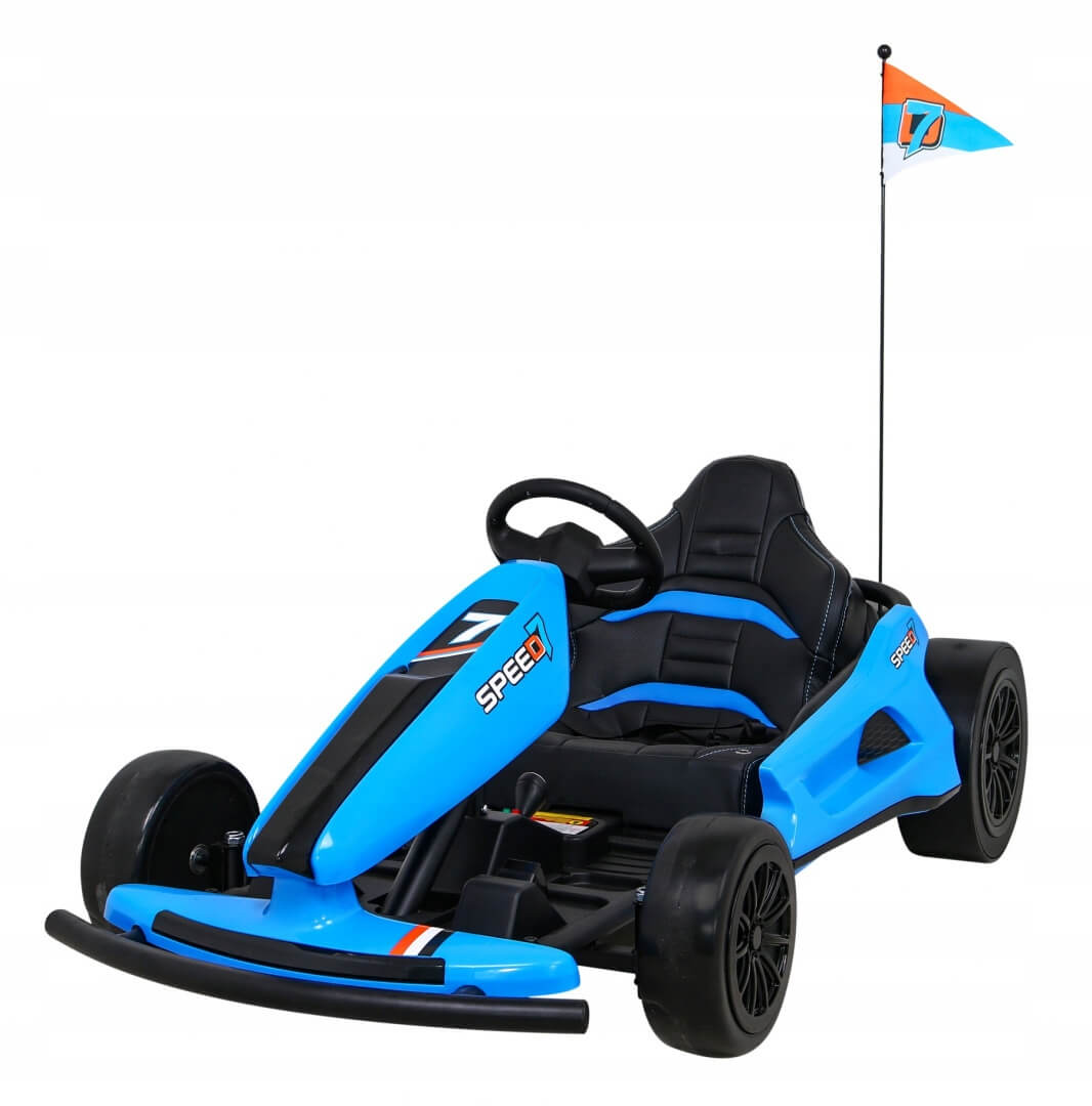 The Blue Big Kids 24 Volt Ultra-Violent Complete Edition Drifting Go-Kart features a blue and black design with a steering wheel. SPEED is boldly displayed on the side and hood, with a D logo flag at the back. It has EVA-rubber wheels for thrilling high-speed drifting adventures.