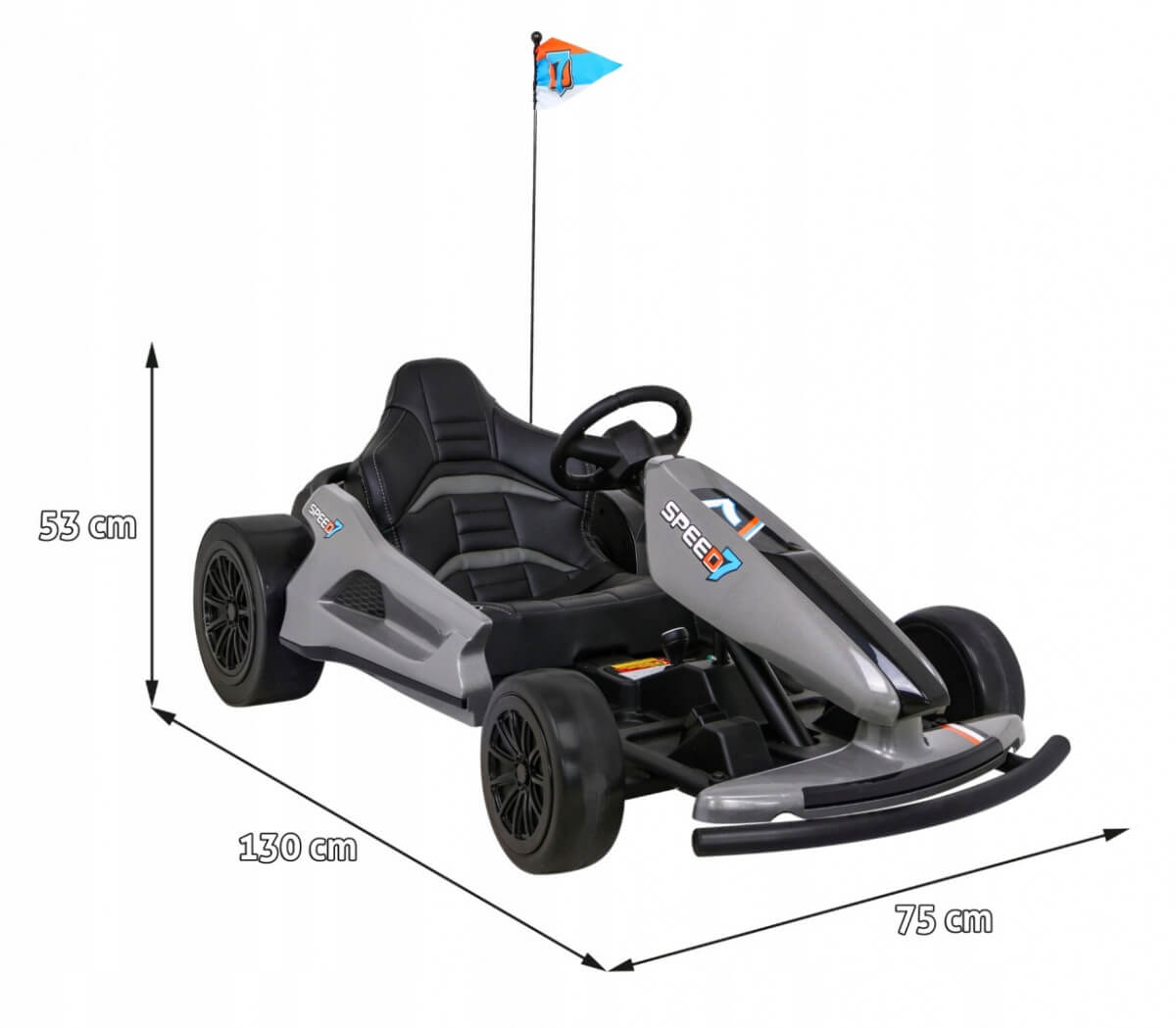 The Grey Big Kids 24V Ultra-Violent Complete Edition Drifting Go-Kart features a silver-gray body, black seat, steering wheel, sturdy tires, and a rear blue flag. It measures 130 cm in length, 75 cm in width, and 53 cm in height.