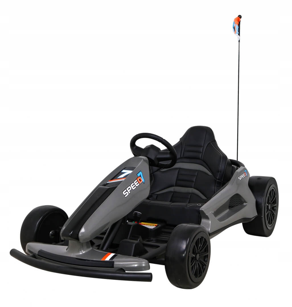 The Grey Big Kids 24V Ultra-Violent Complete Edition Drifting Go-Kart has a sleek design, SPEED on its front, and includes 24V motors, black wheels, a steering wheel, seat, and a tall flagpole with a small flag at the back.