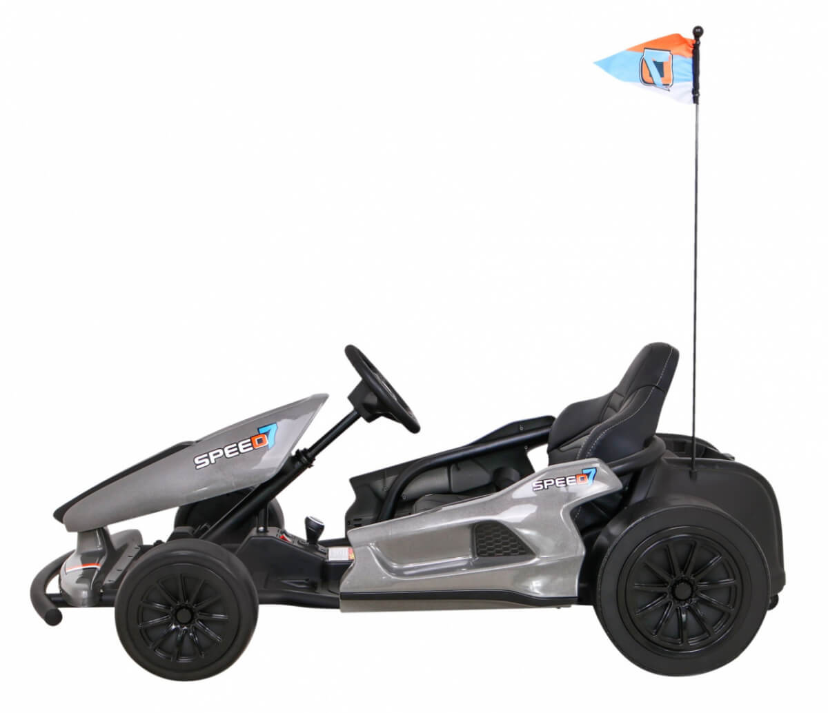 A stylish black and silver Grey Big Kids 24V Ultra-Violent Complete Edition Drifting Go-Kart, with a blue and orange flag on a rear pole, SPEED on the side, features a sporty design with steering wheel and bucket seat.