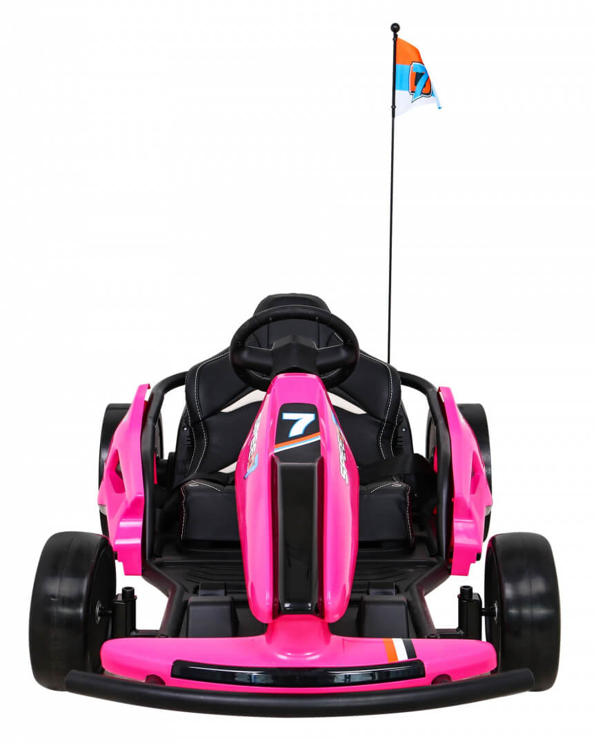 The Pink 24V Ultra-Violent Big Kids Complete Edition Drifting Go-Kart, with a front seat, black handlebars with 7 decal, black wheels, and a flagpole with an orange and blue flag, is ideal for high-speed drifting.
