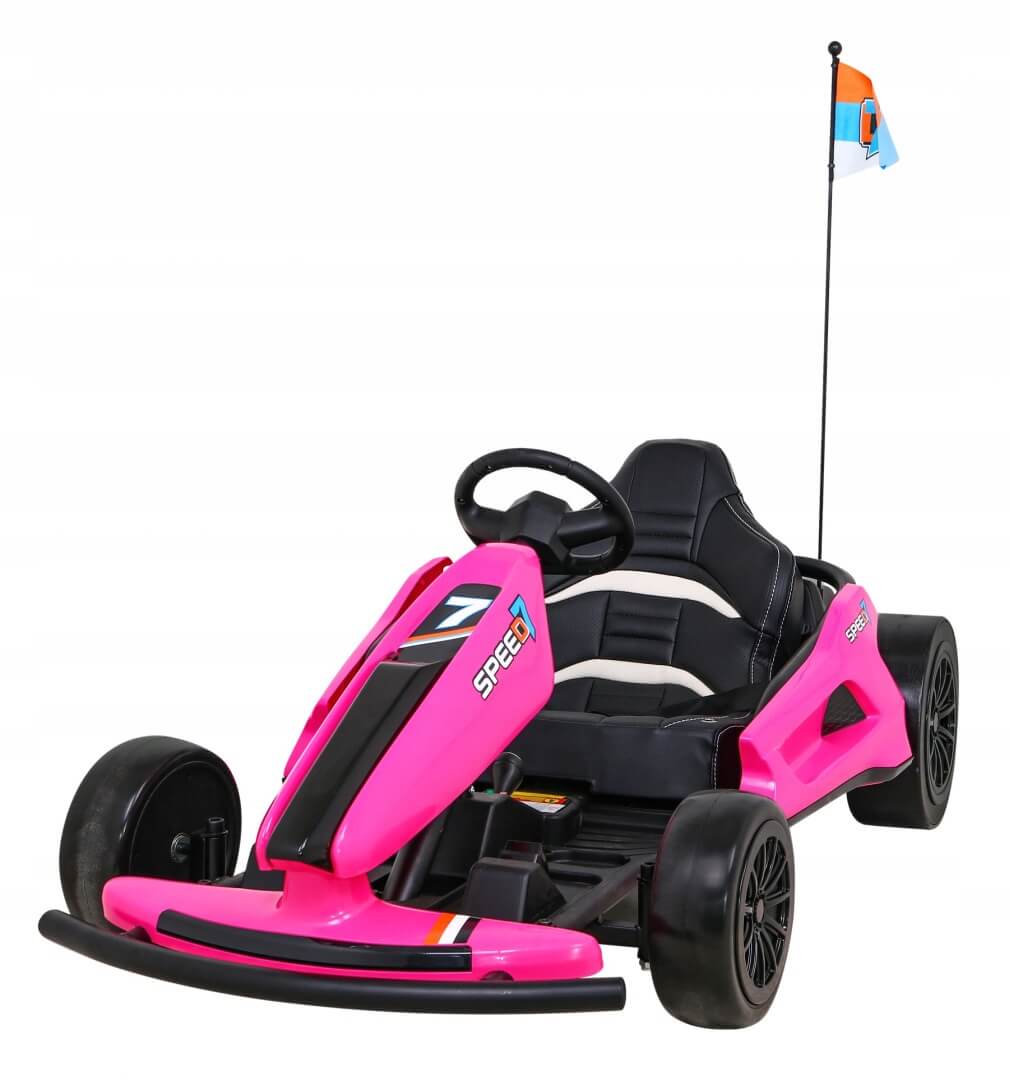 Meet the Drifting Go-Kart, Pink 24V Ultra-Violent Big Kids Complete Edition, featuring black-and-white accents. It has a steering wheel, black seat, tall flagpole with a flag, sporty black wheels, and a sleek SPEEDY design—ideal for high-speed drifting excitement.