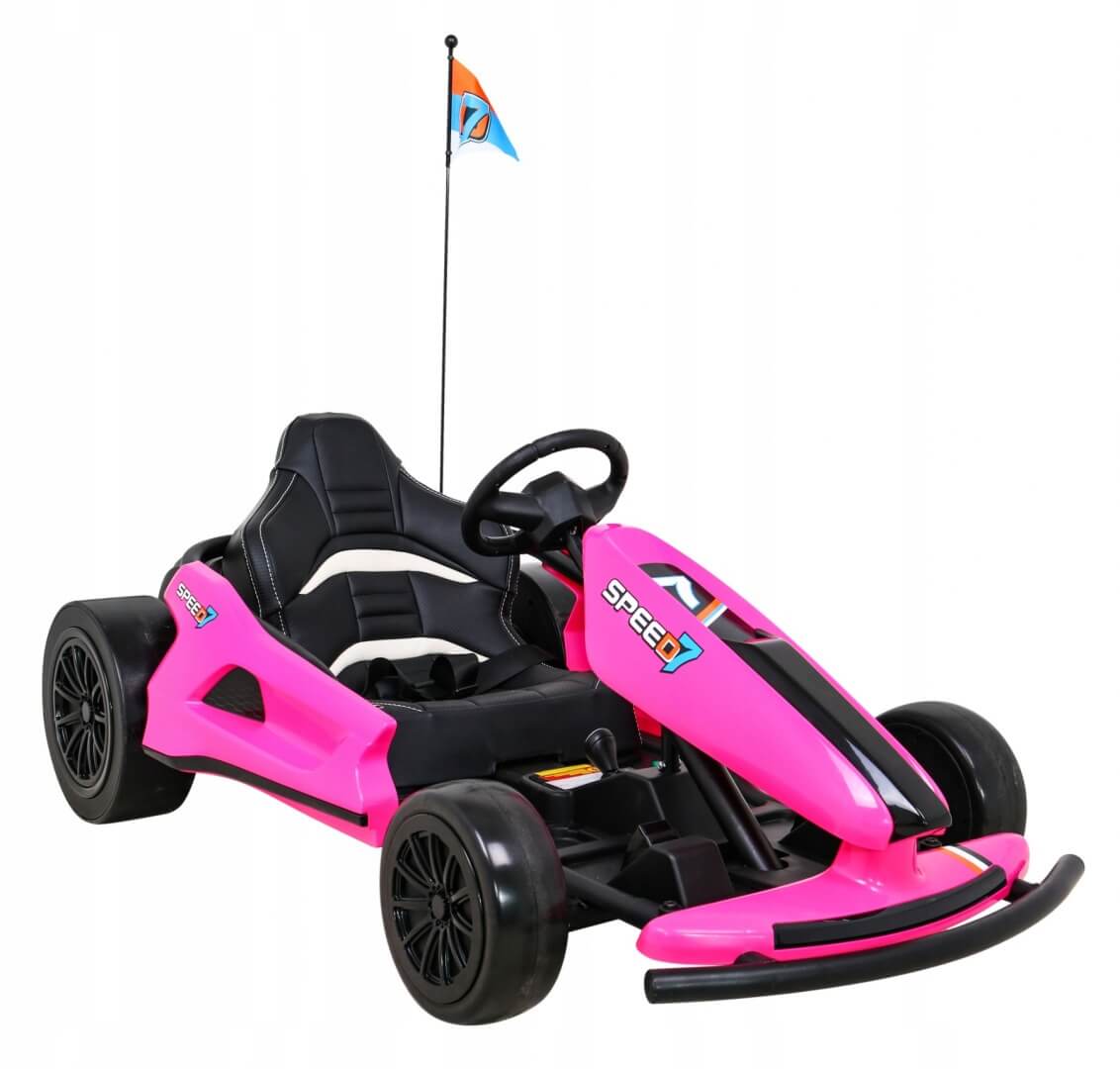 The Pink 24V Ultra-Violent Big Kids Complete Edition Drifting Go-Kart boasts a bright pink color with a black seat, steering wheel, and wheels. It features high-speed drifting fun and includes a flag with a blue and orange design. SPEED is emblazoned on the side.