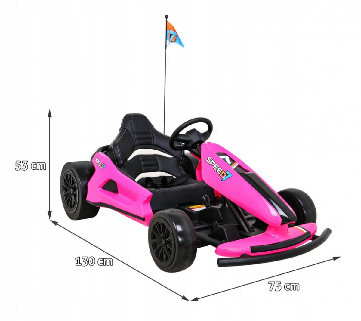 Experience the Pink 24V Ultra-Violent Big Kids Complete Edition Drifting Go-Kart, featuring black accents and a steering wheel. Perfect for drifting, it includes a rear blue and orange flag. Dimensions: 53 cm high, 130 cm long, and 75 cm wide for endless fun.