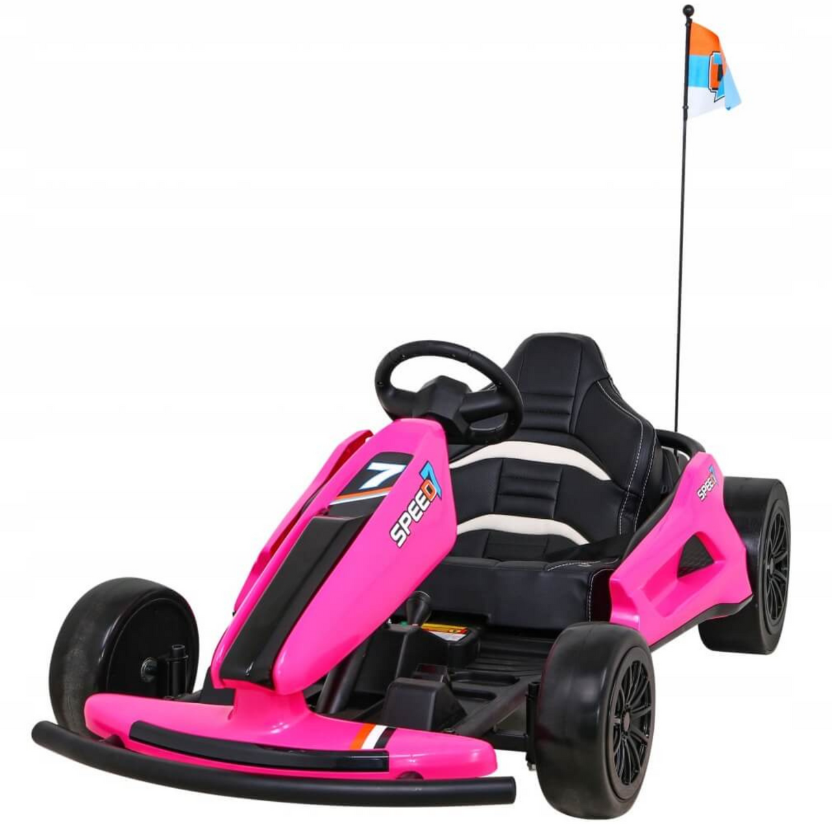 The Pink 24V Ultra-Violent Big Kids Complete Edition Drifting Go-Kart has a black seat, a tall flagpole with a blue and orange flag, sleek black details, and the word Speed on the side—ideal for high-speed drifting adventures designed for children.
