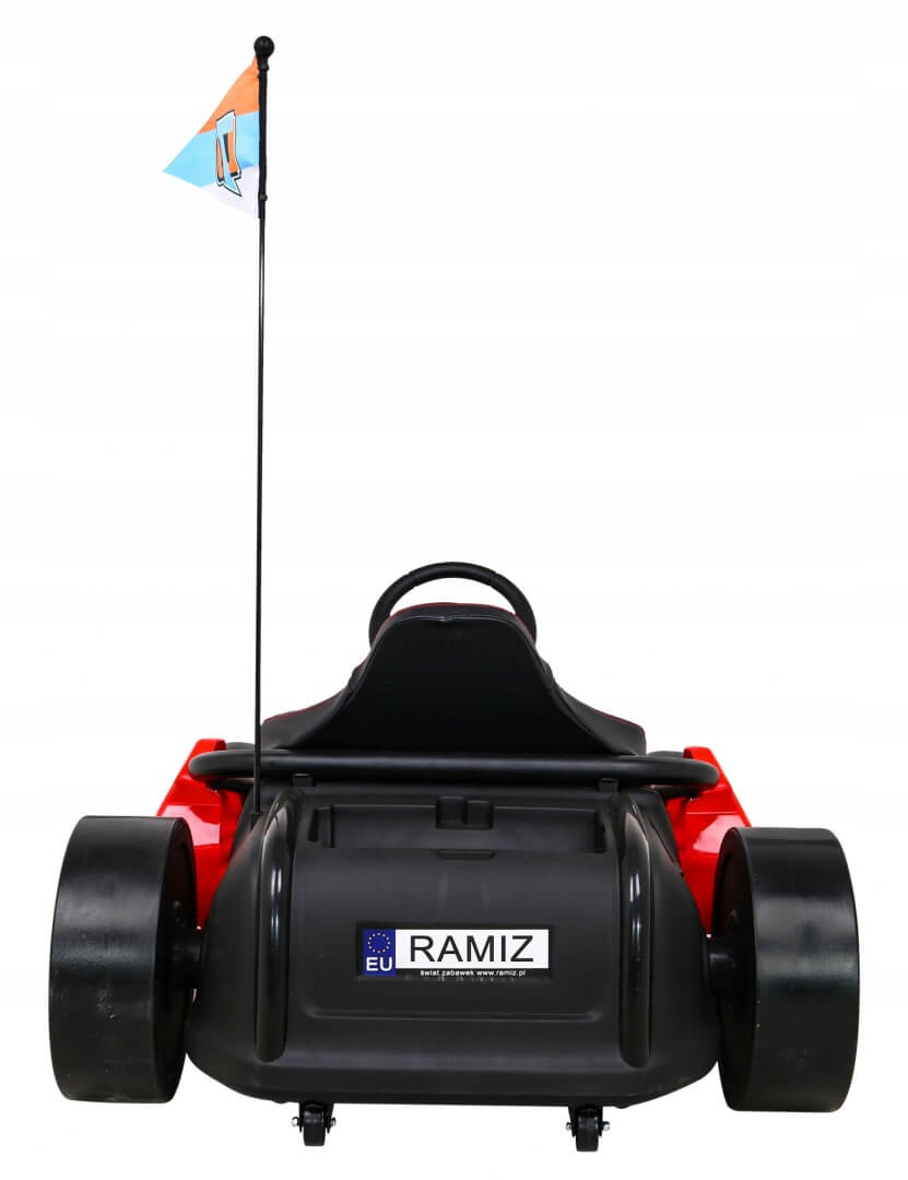 The Red 24V Ultra-Violent Big Kids Complete Edition Drifting Go-Kart features a visible steering wheel, single seat, large rear wheels for slick maneuvers, and a long flagpole with a sailing boat icon. RAMIZ is proudly displayed on the back of this ride.