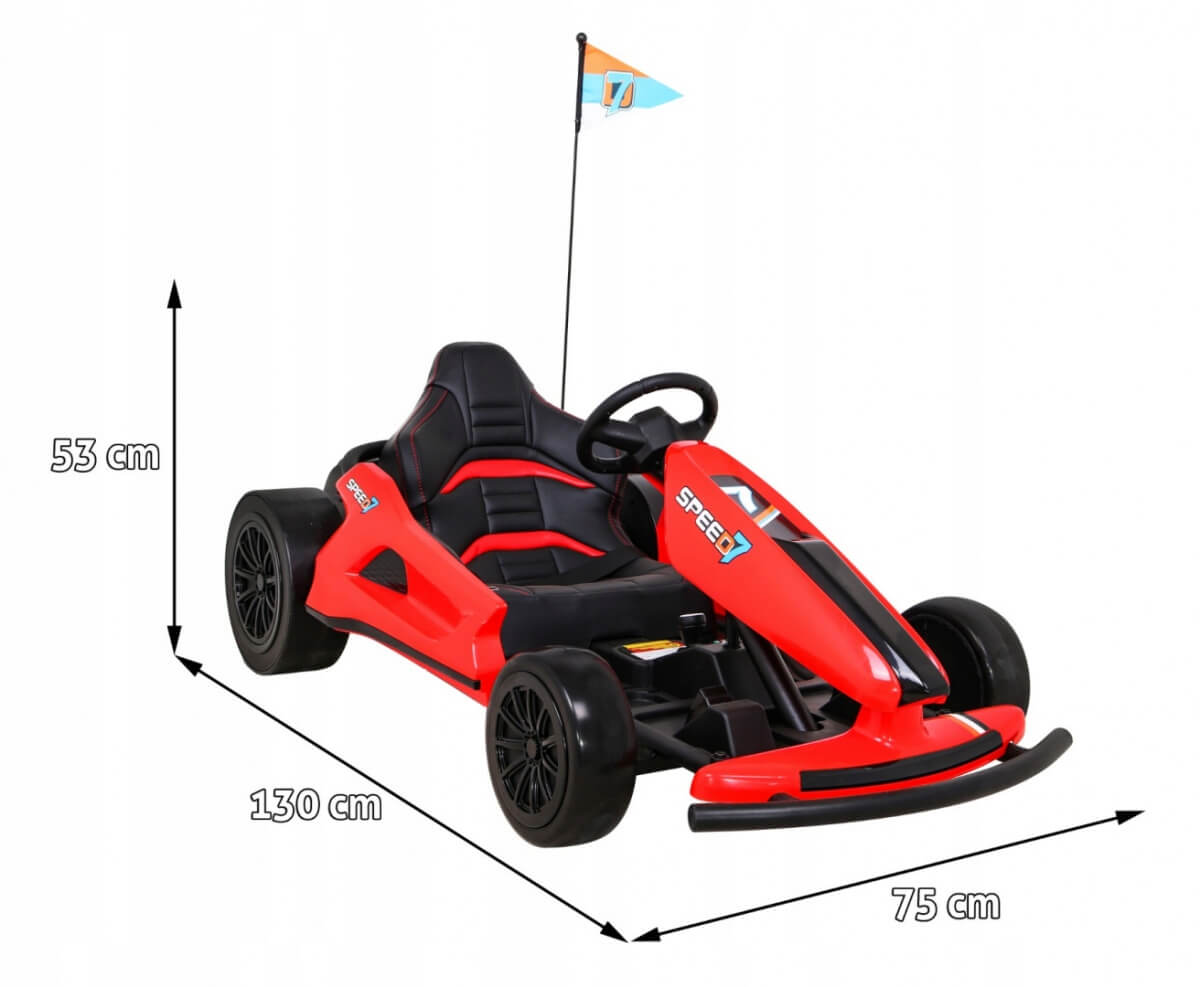 Introducing the Red 24V Ultra-Violent Big Kids Complete Edition Drifting Go-Kart with a black seat, four wheels, steering wheel, and rear flag. Designed for thrill-seekers, it measures 130x75x53 cm. Speed takes on a new meaning!.